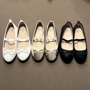 Lot of 3 Cat and Jack Girls Ballet Flats Dress Shoes Gold White Black Size 12